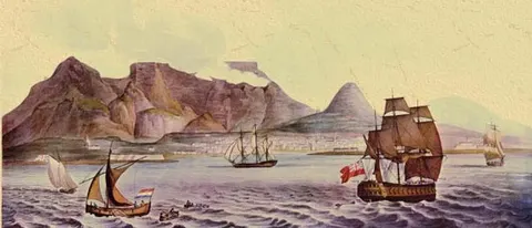 Ships in Table Bay below Table Mountain, a historical print